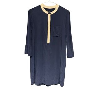 J Crew Navy Silk Dress with Cream Trim and Ruffle Sleeve Size 6 Career Relaxed